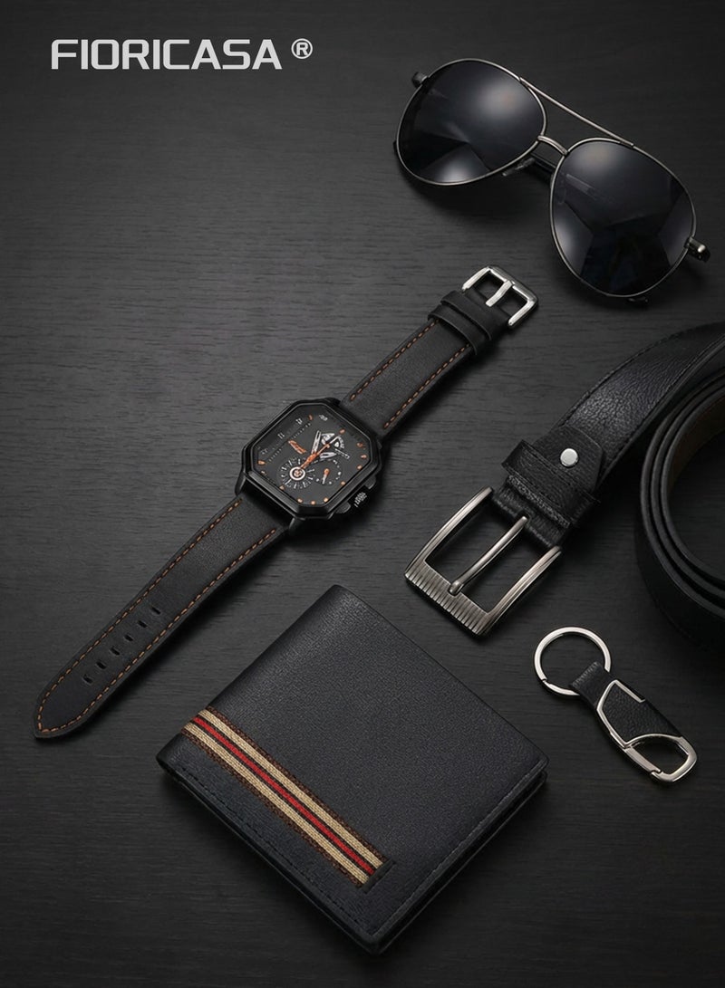 فوريكاسا طقم هدايا رجالي أنيق باللون الأسود (5 قطع) – ساعة، محفظة، حزام، نظارة شمسية وميدالية - Image 5